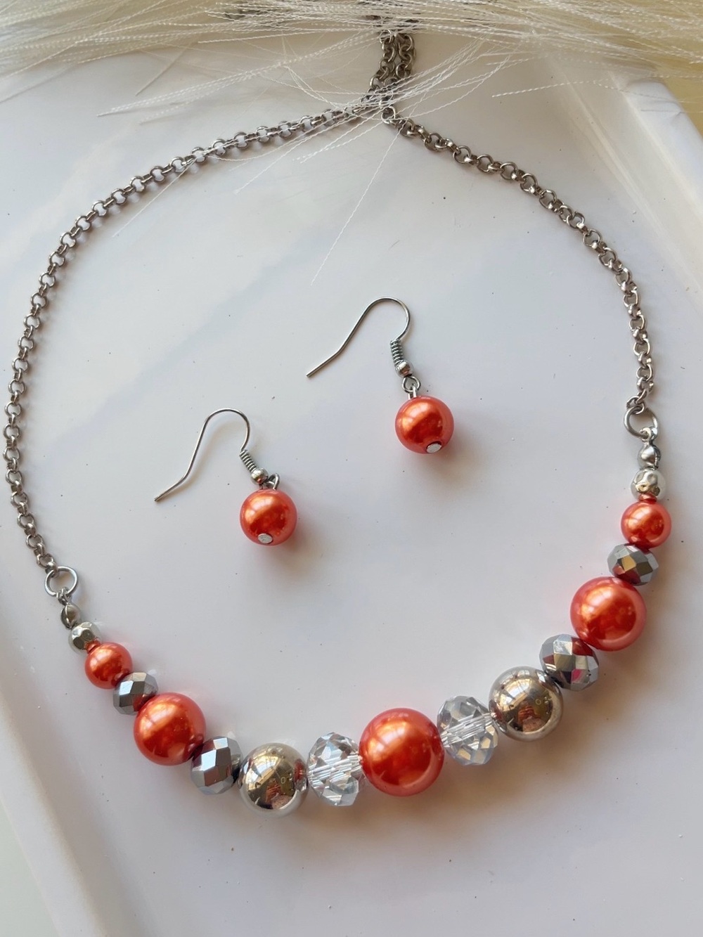 Orange Pearl & Silver Bead Necklace and Earring Set
